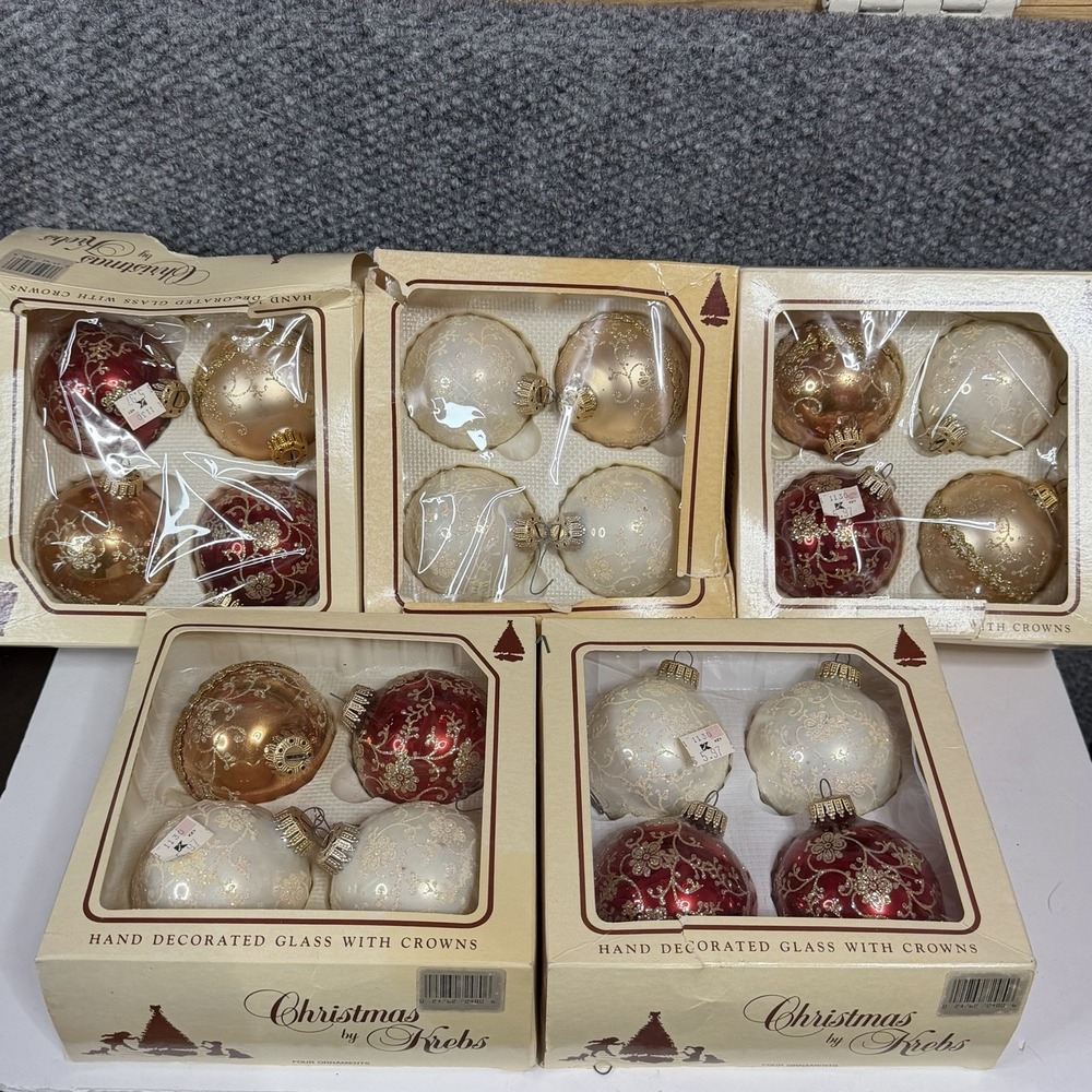 20 Vintage Christmas by Krebs Glass Ornaments Red Gold Cream Glitter Floral Lot